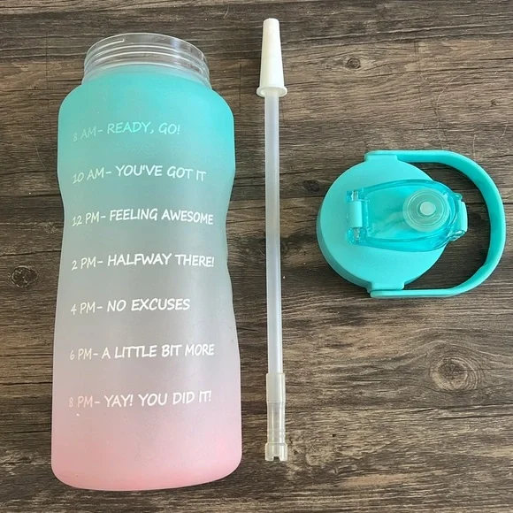 Water Bottle Jug 64oz Built-in Straw Time Marker Gradient Blue Pink Sport Gym - Picture 11 of 11